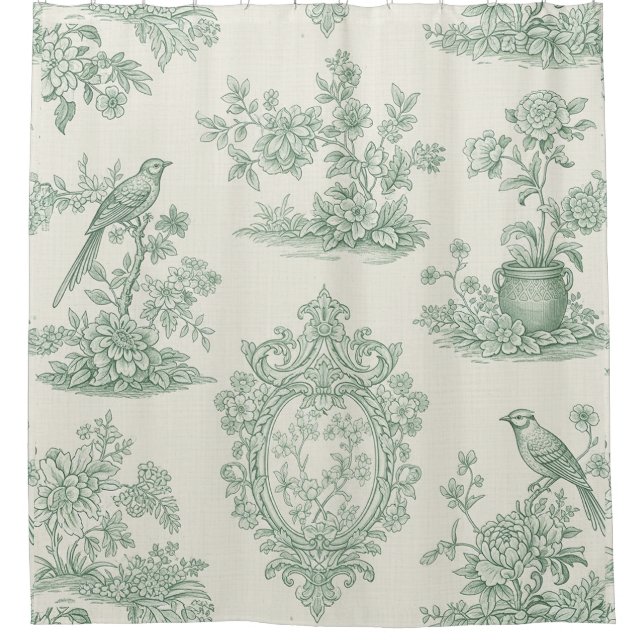 Cortina Para Box Mint Green Toile Floral and Bird Pattern (Frente)