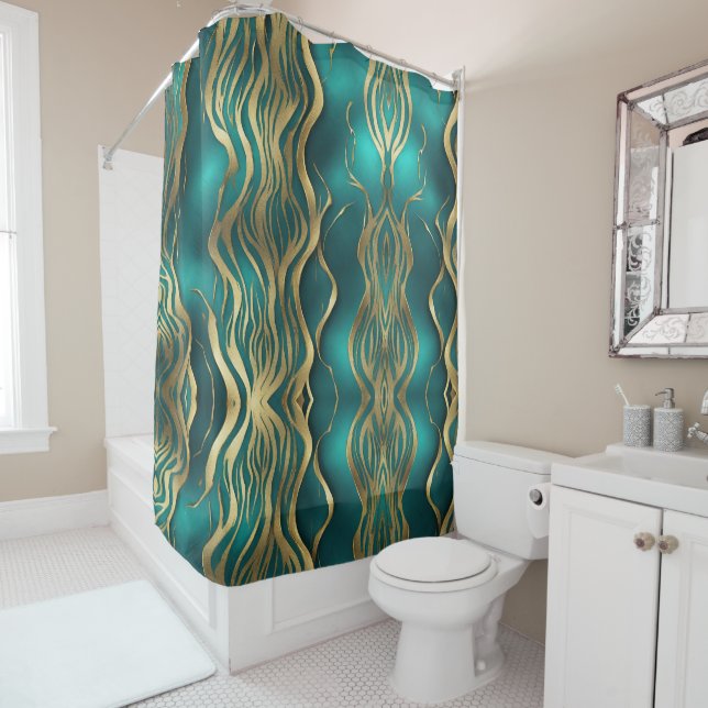 Cortina Para Box Modern Beige Marble Waves Turquoise Azul Teal (In Situ)