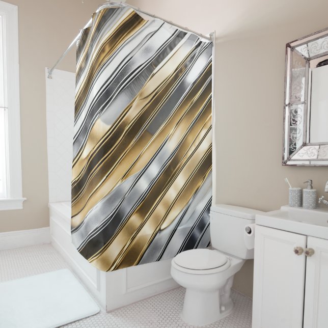 Cortina Para Box Modern, cool, chic, silver and gold stripe pattern (In Situ)