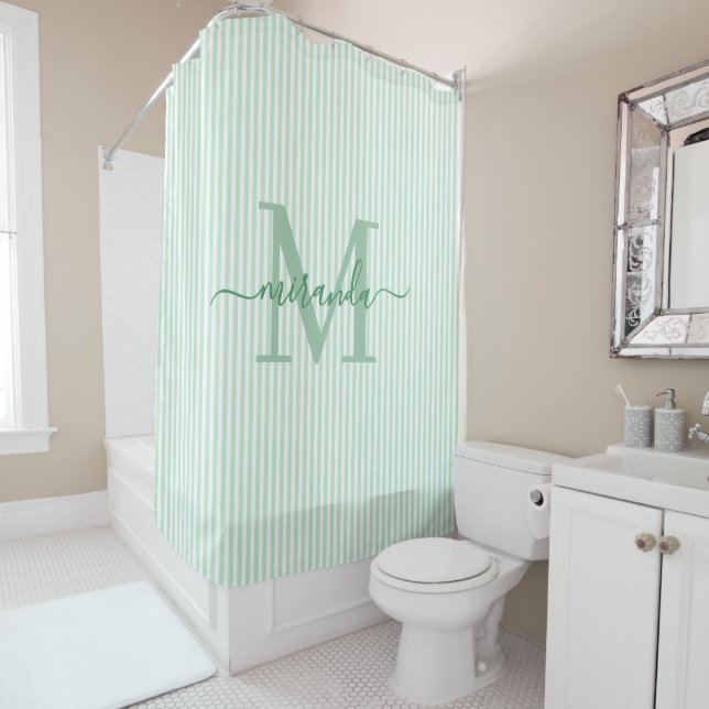 Cortina Para Box Modern Green & White Stripes Monogram Name (In Situ)