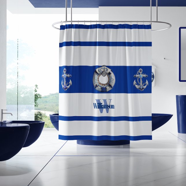 Cortina Para Box Modern Trendy Nautical Blue and White Long  (Criador carregado)