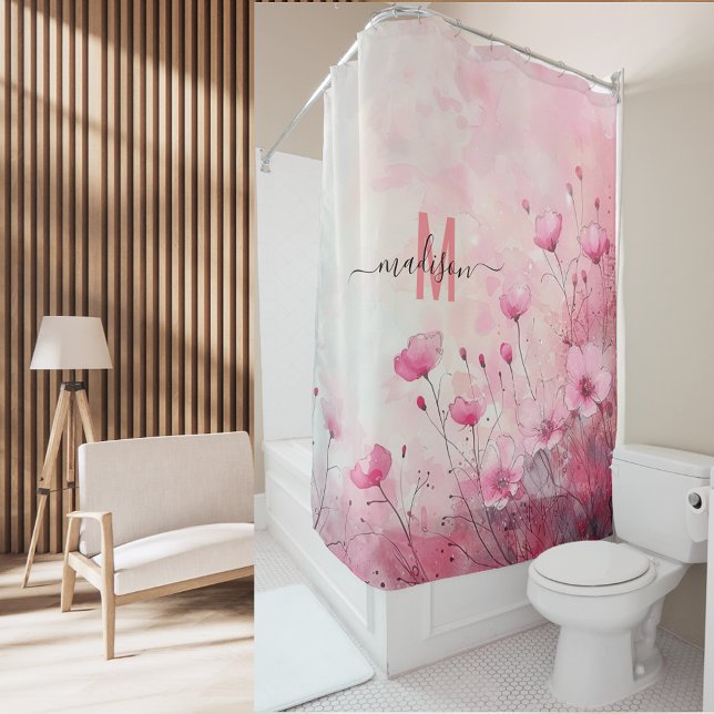 Cortina Para Box Moderno Monograma Rosa Chique Elegante Rótulo Casa (Criador carregado)