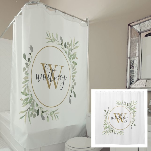 Cortina Para Box Moldura Dourada Monograma com Granulado (Watercolor Greenery Gold Monogram Chic Script Shower Curtain)