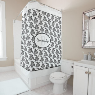 Cortina Para Box Monogram Black Tribal Turtle Pattern Over White
