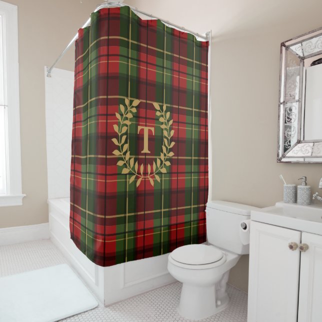 Cortina Para Box Monogram Wreath On Red And Green Festive Plaid (In Situ)