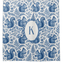 Monograma Azul Chinoiserie Esquilo Floresta