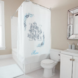 Cortina Para Box Monograma Azul Floral