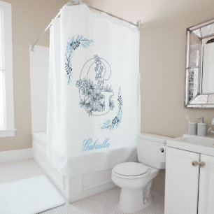 Cortina Para Box Monograma Azul Floral Calm