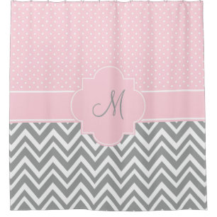 Cortina Para Box Monograma Chevron cinzento com as bolinhas do rosa