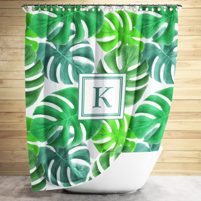 Cortina Para Box Monograma da fábrica da Monstera Deliciosa deixa p (Modern Green Palm Leaves Shower Curtain.)