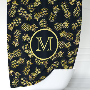 Cortina Para Box Monograma de Abacaxi Azul Marinho e Dourado