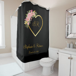 Cortina Para Box Monograma de Coração Dourado Floral Rosa em Preto