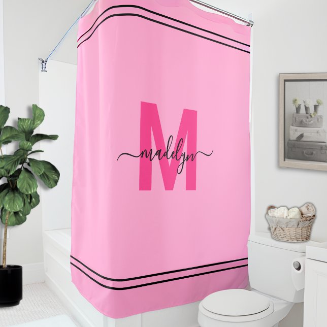 Cortina Para Box Monograma de Nome Elegante Personalizado Girly Pin (Girly Pink Personalized Elegant Name Monogram Shower Curtain)