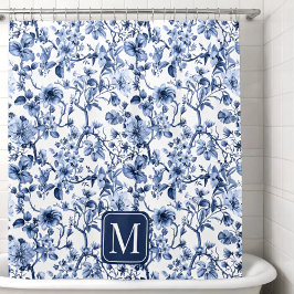Cortina Para Box Monograma de Padrão Toile Floral Azul Vintage