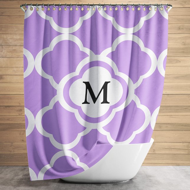 Cortina Para Box Monograma de Quatrefoil Roxo Elegante (Elegant Purple Quatrefoil Monogram Shower Curtain)