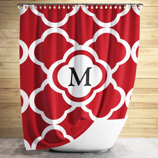 Cortina Para Box Monograma de Quatrefoil Vermelho Elegante (Elegant Red Quatrefoil Monogram Shower Curtain)