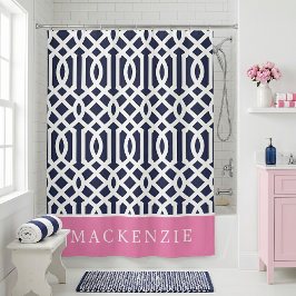 Cortina Para Box Monograma de Treliça Rosa e Azul Marinho
