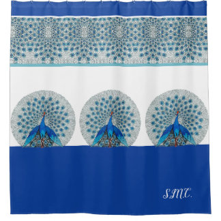 Cortina Para Box Monograma do Monograma do Pavão Azul e Branco