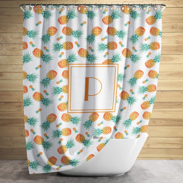 Cortina Para Box Monograma do padrão do abacaxi (Modern Monogram Pineapple Fruit Pattern Shower Curtain)