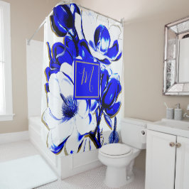 Cortina Para Box Monograma Elegante de Primavera Floral Azul e Bran