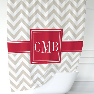 Cortina Para Box Monograma em Chevron Bege e Vermelho