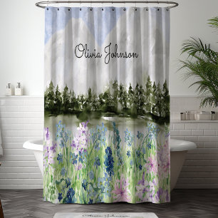 Cortina Para Box Monograma Flor de Prado Azul Roxo em Aquarela