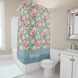 Cortina Para Box Monograma Floral Azul Poeirento de Cottage Francês