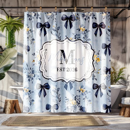 Cortina Para Box Monograma Floral de Arco Azul Elegante Personaliza