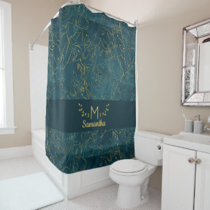 Cortina Para Box Monograma Floral de Folha Azul-Teal Escuro Elegant
