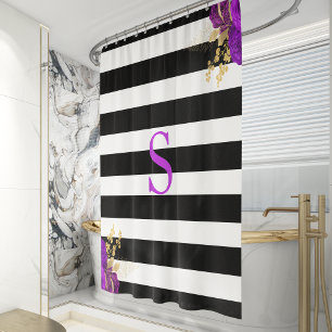 Cortina Para Box Monograma Floral Dourado Roxo-Preto-Branco