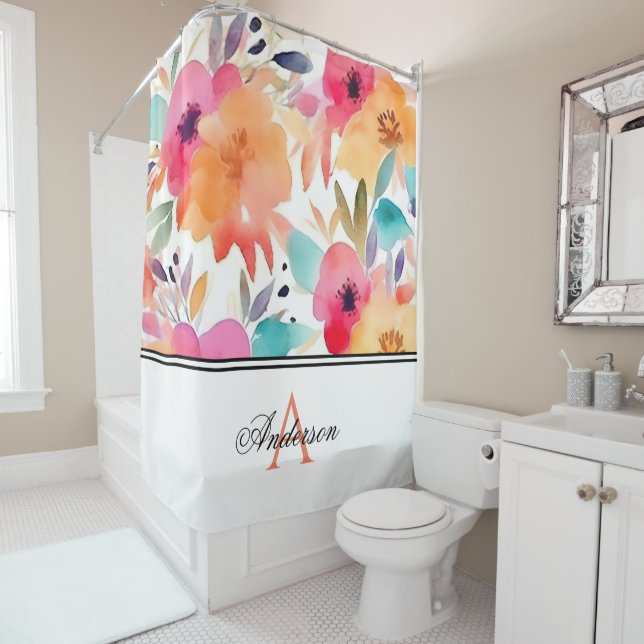 Cortina Para Box Monograma Floral Laranja e Rosa (In Situ)