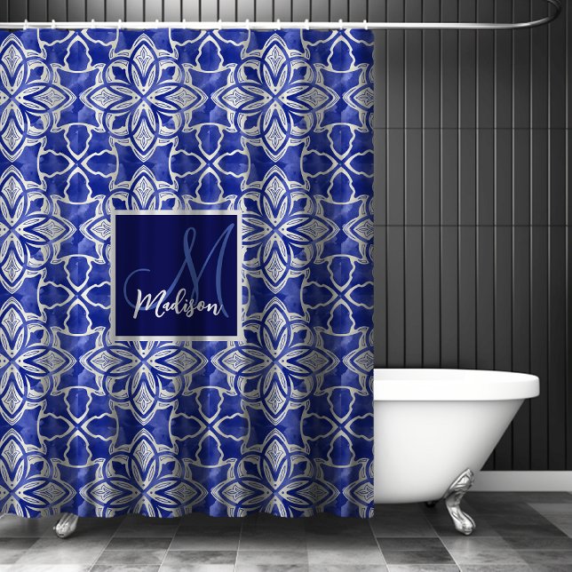 Cortina Para Box Monograma inicial de cinzas azul-na moda (Criador carregado)