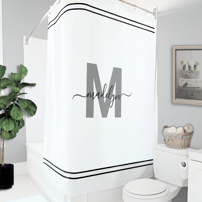 Cortina Para Box Monograma Inicial de Nome Elegante Preto e Branco (Elegant Name Initial Monogram Black White Shower Curtain)