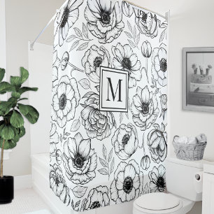 Cortina Para Box Monograma Inicial Floral Preto Branco