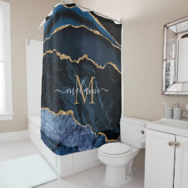 Cortina Para Box Monograma Nome Marinho Azul Dourado Chá Marble Cor