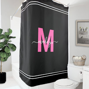 Cortina Para Box Monograma Personalizado Elegante Preto Rosa Nome