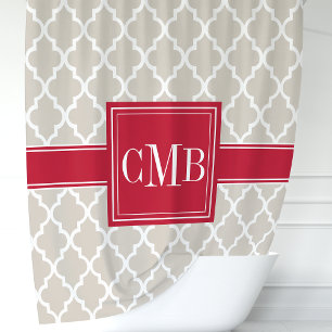 Cortina Para Box Monograma Quatrefoil Marroquino Bege e Vermelho