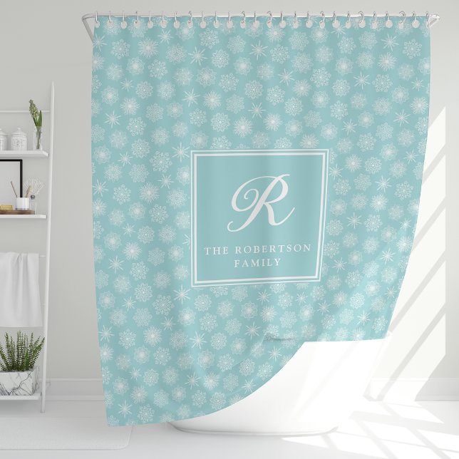 Cortina Para Box Monograma Teal Aqua Blue Snowflakes Costeira (Criador carregado)