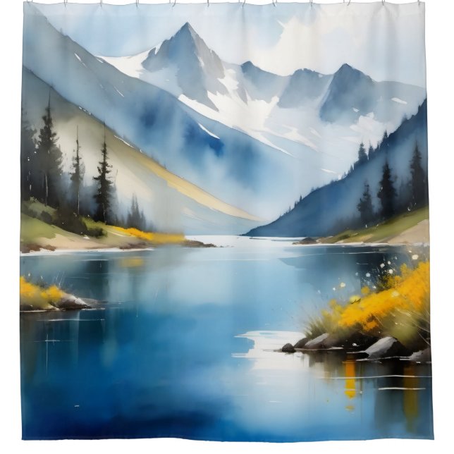 Cortina Para Box Montanhas com neve e um lago (Frente)