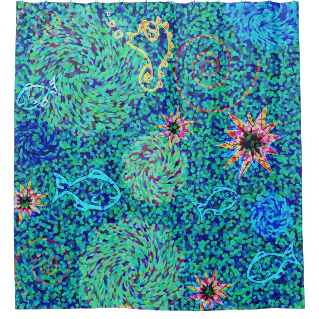 Cortina Para Box Mosaico Submarino Pescado Cavalo-do-mar Verde Azul (Frente)