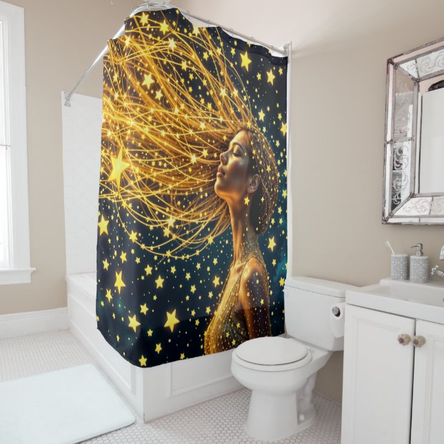 Cortina Para Box Mulher cósmica com cabelo de ouro estrelado brilha (In Situ)