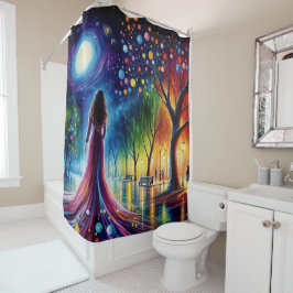 Cortina Para Box Mulher de vestido fluindo caminhando na floresta c