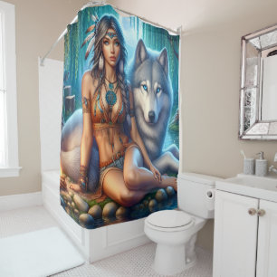 Cortina Para Box Mulher e lobo indianos por riverbank