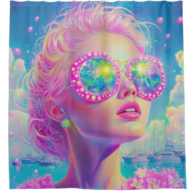 Cortina Para Box Mulher Neon Glamorosa com Óculos Espumantes (Frente)