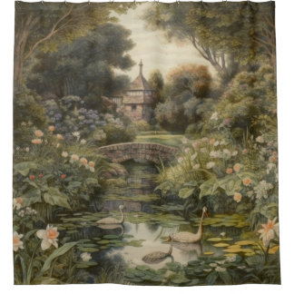 Cortina Para Box Mural Pitoresco de Jardim Inglês Antigo com Cisnes