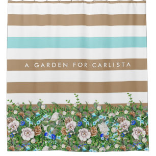 Cortina Para Box Na moda Tan e Aqua Flores e Listras com Nome
