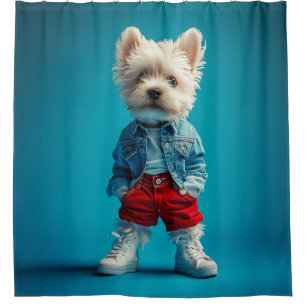 Cortina Para Box Na moda Westie Pup em Denim e Sneakers