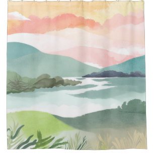Cortina Para Box Nascer do Sol na Manhã do Lago Aquarela Natureza