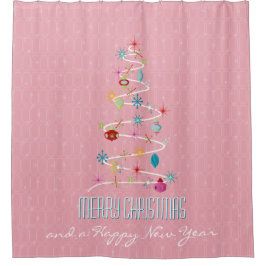 Cortina Para Box Natal cor-de-rosa com árvore de Natal