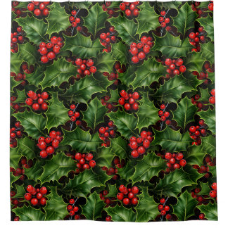 Cortina Para Box Natal Holly Sai E Berries Vermelhos Padrão